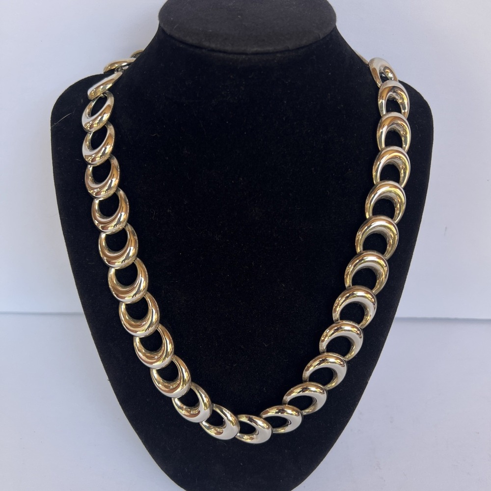VTG 1980's Silver Tone Crescent Link Statement Necklace 20" Fold Over Clasp